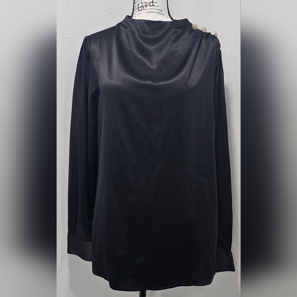 Daisysilk Women's Mock Neck Black Silk Blouse Gold Button Accent SZ Large NWOT